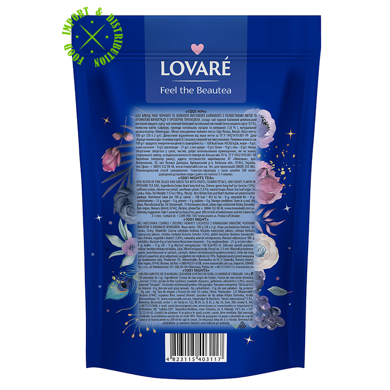 Herbata Lovare mieszanka herbat z dodatkami „1001 Nights” Doypack 50 piramidek x 2gr